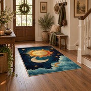 navy celestial sun moon stars mystical area rug, wood floor styling