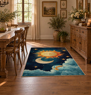 navy celestial sun moon stars mystical area rug, close decorative detail