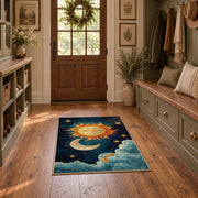 navy celestial sun moon stars mystical area rug, front room mockup