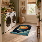 navy celestial sun moon stars mystical area rug, wide interior view