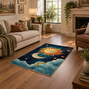 navy celestial sun moon stars mystical area rug, design detail view