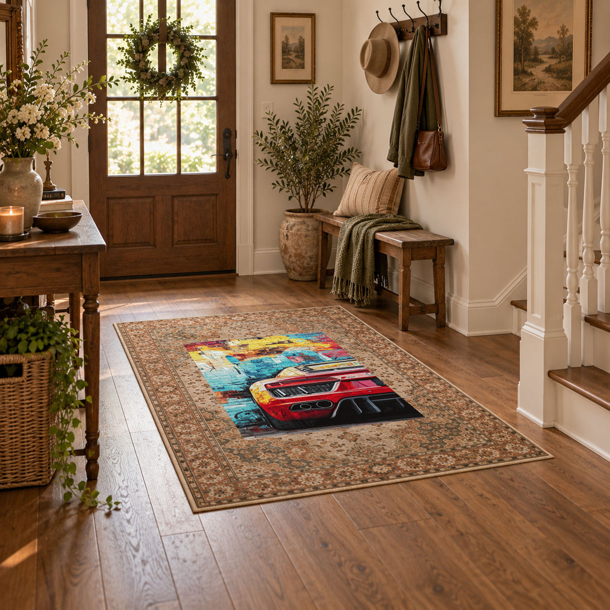 brown traditional border retro sports car pop art area rug, featured room view