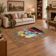 brown traditional border retro sports car pop art area rug, angled room view