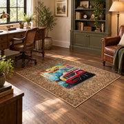 brown traditional border retro sports car pop art area rug, wood floor styling