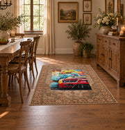 brown traditional border retro sports car pop art area rug, close decorative detail