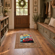 brown traditional border retro sports car pop art area rug, front room mockup