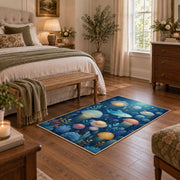 blue colorful solar system planets cosmic area rug, cozy home setting
