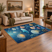 blue colorful solar system planets cosmic area rug, angled room view