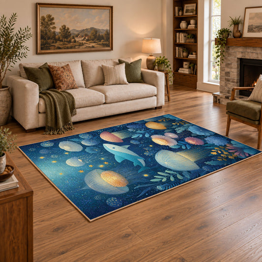 blue colorful solar system planets cosmic area rug, angled room view