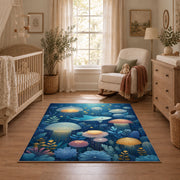 blue colorful solar system planets cosmic area rug, full pattern view