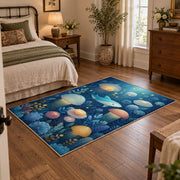 blue colorful solar system planets cosmic area rug, soft surface detail