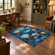 blue colorful solar system planets cosmic area rug, wood floor styling