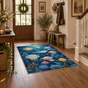 blue colorful solar system planets cosmic area rug, close decorative detail