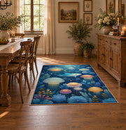 blue colorful solar system planets cosmic area rug, front room mockup