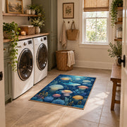 blue colorful solar system planets cosmic area rug, wide interior view