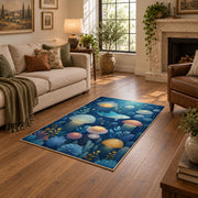 blue colorful solar system planets cosmic area rug, design detail view