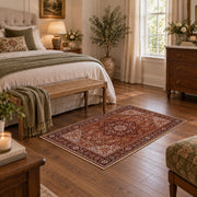 rust brown Persian medallion traditional vintage area rug, cozy home setting