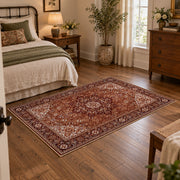 rust brown Persian medallion traditional vintage area rug, soft surface detail
