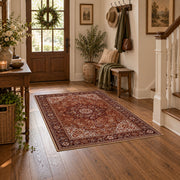 rust brown Persian medallion traditional vintage area rug, wood floor styling