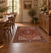 rust brown Persian medallion traditional vintage area rug, close decorative detail