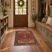 rust brown Persian medallion traditional vintage area rug, front room mockup