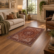 rust brown Persian medallion traditional vintage area rug, design detail view