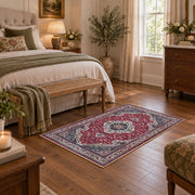 burgundy ivory Persian medallion traditional area rug, cozy home setting
