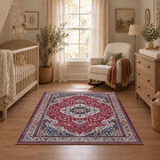 burgundy ivory Persian medallion traditional area rug, angled room view