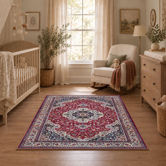 burgundy ivory Persian medallion traditional area rug, angled room view
