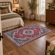 burgundy ivory Persian medallion traditional area rug, full pattern view