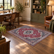 burgundy ivory Persian medallion traditional area rug, soft surface detail
