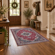 burgundy ivory Persian medallion traditional area rug, wood floor styling
