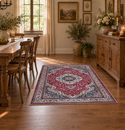 burgundy ivory Persian medallion traditional area rug, close decorative detail