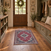 burgundy ivory Persian medallion traditional area rug, front room mockup