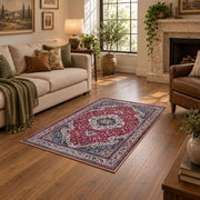 burgundy ivory Persian medallion traditional area rug, design detail view