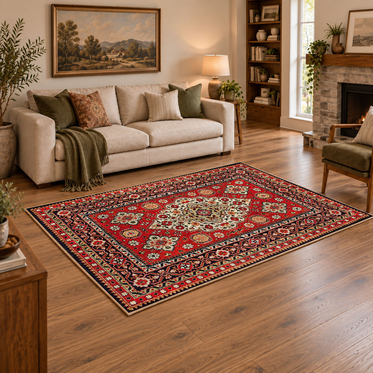 red navy Persian floral medallion traditional area rug, featured room view