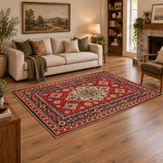 red navy Persian floral medallion traditional area rug, featured room view
