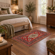 red navy Persian floral medallion traditional area rug, cozy home setting