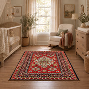 red navy Persian floral medallion traditional area rug, angled room view