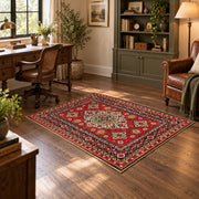 red navy Persian floral medallion traditional area rug, soft surface detail