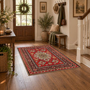 red navy Persian floral medallion traditional area rug, wood floor styling