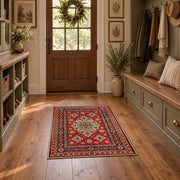 red navy Persian floral medallion traditional area rug, front room mockup