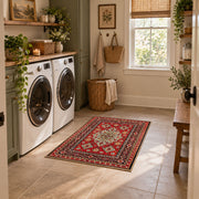 red navy Persian floral medallion traditional area rug, wide interior view