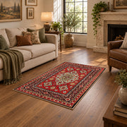 red navy Persian floral medallion traditional area rug, design detail view