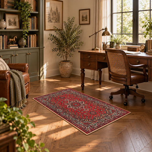 crimson Persian floral traditional vintage area rug, featured room view