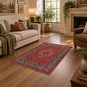crimson Persian floral traditional vintage area rug, cozy home setting