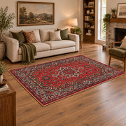 crimson Persian floral traditional vintage area rug, angled room view