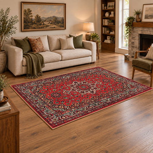 crimson Persian floral traditional vintage area rug, angled room view