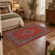 crimson Persian floral traditional vintage area rug, soft surface detail