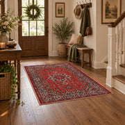 crimson Persian floral traditional vintage area rug, close decorative detail